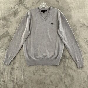 Travis Mathew Merino Wool V-Neck‎ Sweater Mens M Gray Stretch Knit Pullover